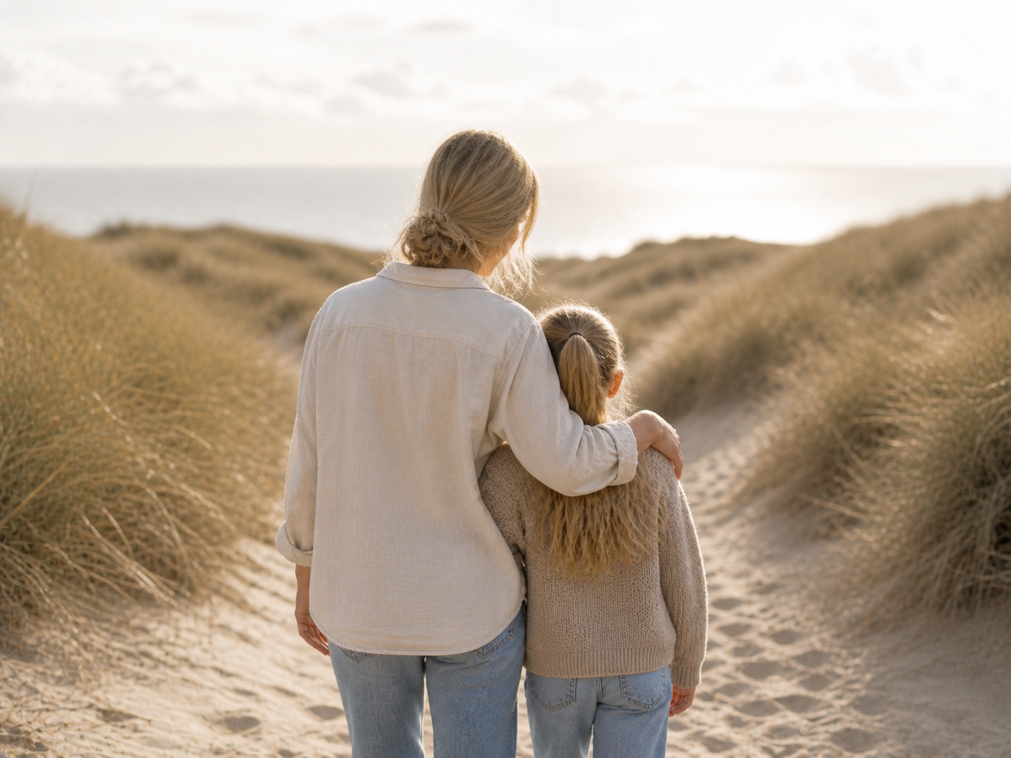 Mor og datter går sammen på stranden